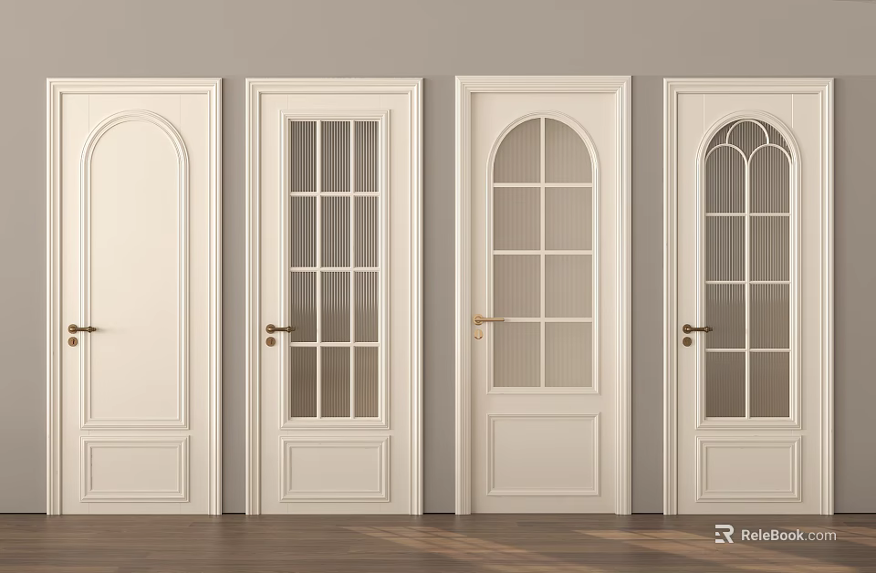 White Interior Hinged Doors Featuring Glass Panes Golden Handles And Modern Sleek Design 3d model 