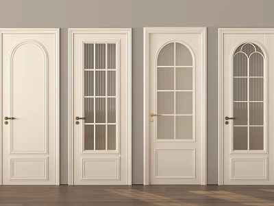 White Interior Hinged Doors Featuring Glass Panes Golden Handles And Modern Sleek Design 3d model