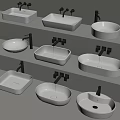 Various Stylish Bathroom Washbasin Designs With Different Shapes And Faucets On Shelves