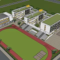 Modern School Building Complex With Green Roofs Football Field Track And Trees