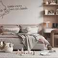 Cozy Kids Bedroom With Cartoon Cat Wall Art Soft Pillows Stuffed Toys And Area Rug