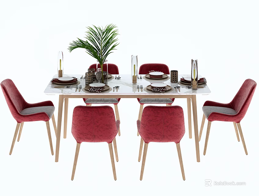 Modern Rectangular Dining Table Set With Red Upholstered Chairs Wooden Legs Tableware And Green Plant 3d model