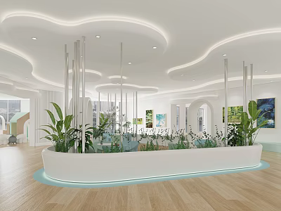 Modern Kindergarten Interior With Plants Curved Decor And Wooden Floors 3d model