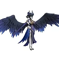 Mythical Woman With Large Blue Wings And Ornate Headdress In Elegant Outfit