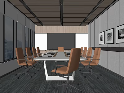 Modern Conference Room Interior With Long Table Brown Chairs And Framed 3d model