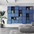 Modern Modular Cube Bookcase With Books Decorative Items In Living Room With Sofa And Plant