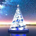 Festive Illuminated Christmas Tree With Starry Sky Background Blue Ribbons Decorative Balls And Reflective Base