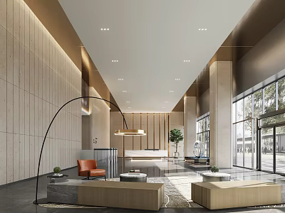 Modern Front Desk Reception Lobby With Elegant Furniture Lighting And Large Windows 3d model