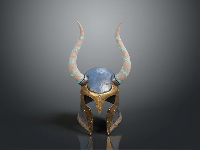 Ancient Warrior Helmet with Turquoise Inlaid Horns Blue Top and Golden Details 3d model
