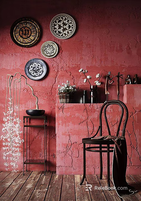 Stylish Leisure Chair in Room with Textured Red Wall Hanging Decorative Plates and Flowers 3d model 