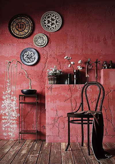 Stylish Leisure Chair in Room with Textured Red Wall Hanging Decorative Plates and Flowers 3d model