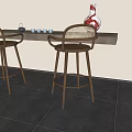 Wooden Tea Table and Rattan Back Chairs Light Wall Branch Teapot Cups Red Pattern Vase