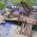 Wooden Play Equipment Structure with Triangular Roof Slide Step Ramp Railings and Purple Cushions