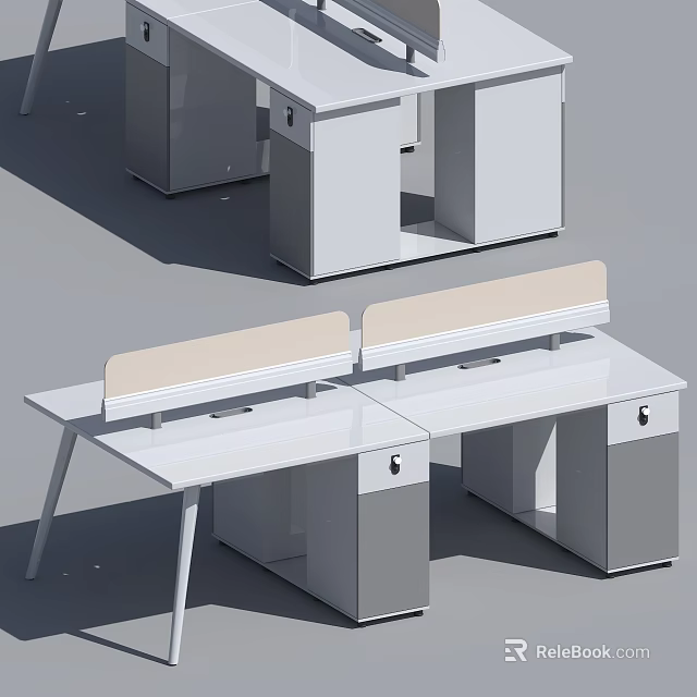 Modern Office Desks With White Tops Grey Cabinets And Partition Panels 3d model 
