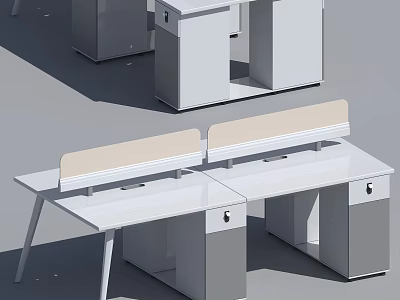 Modern Office Desks With White Tops Grey Cabinets And Partition Panels 3d model