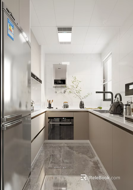 Modern Kitchen Interior With Stainless Steel Refrigerator White Tiled Walls Dishwasher Sink And Light Cabinets 3d model 