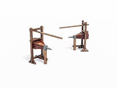 Traditional Wooden Blacksmith Anvil Stands With Iron Tools And Leather Straps 3d model