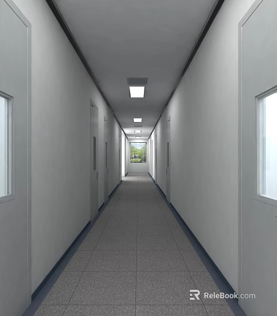 Elevator Corridor With White Walls Doors Gray Floor Tiles And Ceiling Lights 3d model