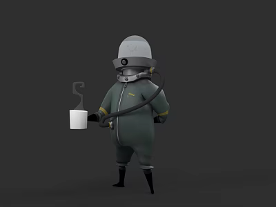 Humanoid Creature Character In Green Protective Suit With Helmet And White Cup 3d model