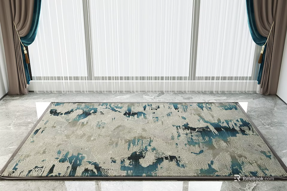 Square Rug With Blue White Abstract Pattern On Marble Floor With Dark Curtains White Blinds 3d model
