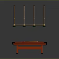 Red Frame Pool Table With Green Felt Surface And Gold Pendant Lights Hanging Above