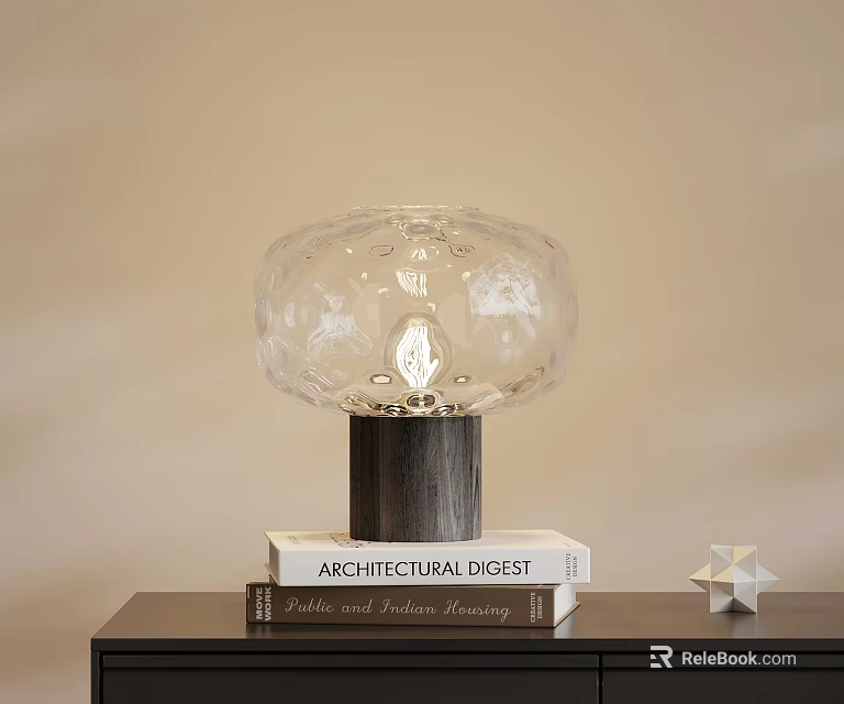 Crystal Table Lamp on Architectural Digest Book Stack with Star Decor and Beige Wall 3d model 