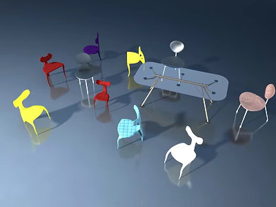 Colorful Animal Shaped Chairs With Transparent Table On Blue Reflective Background 3d model