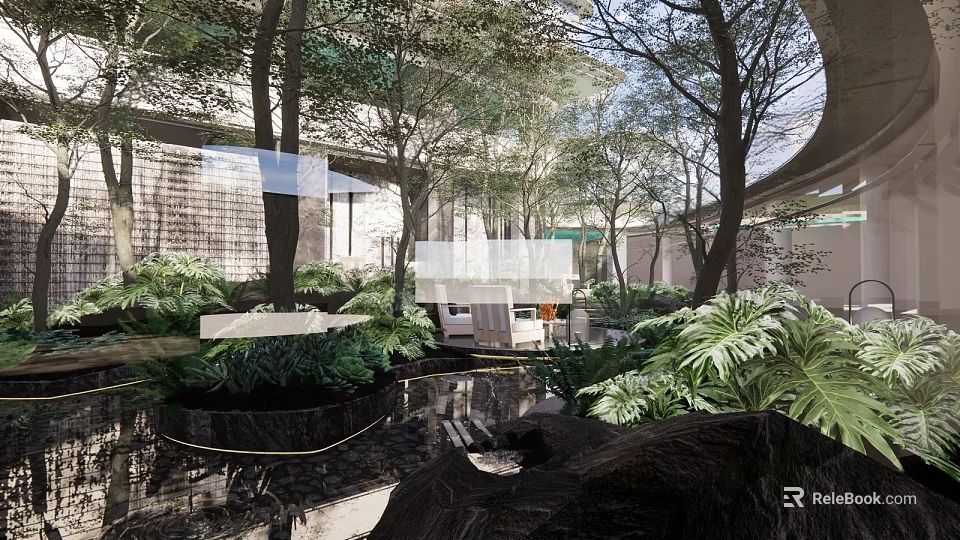Modern Courtyard Garden Design With Lush Green Plants And Water Feature 3d model 