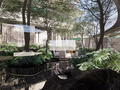 Modern Courtyard Garden Design With Lush Green Plants And Water Feature 3d model