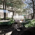 Modern Courtyard Garden Design With Lush Green Plants And Water Feature