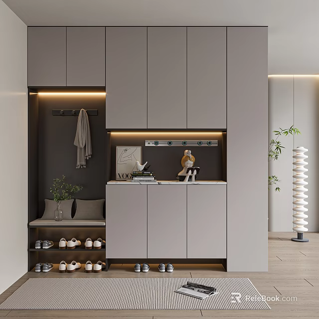 Modern Entryway Design With Gray Cabinets Hanging Area Shoe Shelves And Decorative Plant 3d model 