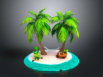Tropical Island Scene With Two Palm Trees Hammock Sand And Water 3d model