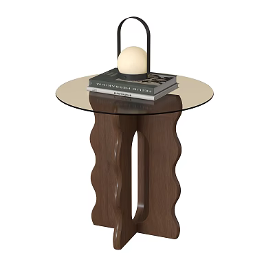 Stylish Side Table With Round Glass Top Wavy Wooden Base And Books With Spherical Lamp 3d model