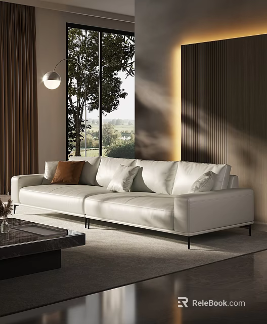 White Leather Sectional Sofa With Brown And White Cushions In Modern Living Room 3d model 