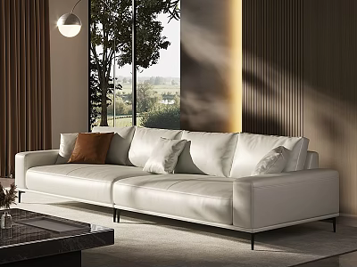 White Leather Sectional Sofa With Brown And White Cushions In Modern Living Room 3d model