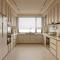 Modern Kitchen Interior Design With Light Colored Cabinets Countertop Window Blinds And Appliances 3d model