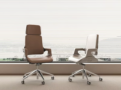 Brown And White Modern Design Office Chairs With Wheels Near Window Blinds 3d model