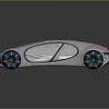 Futuristic Concept Car Featuring Sleek Silver Aerodynamic Body Transparent Elements and Blue Illuminated Wheels