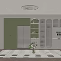 Wine Cabinet with Glass Doors in Modern Kitchen Green White Cabinetry Fridge And Flower Vase