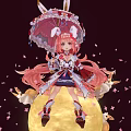 Anime Girl With Pink Hair Sitting On Moon With Decorative Umbrella Rabbits And Cherry Blossoms
