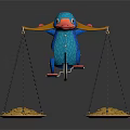 Blue Bird Balancing on Rope with Gold Coins in Balance Scale Trays