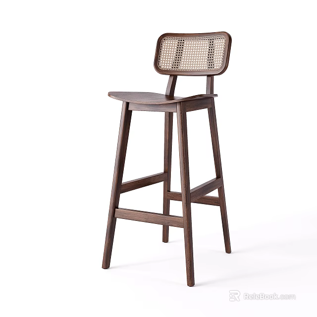 Dark Brown Wooden Bar Stool with Woven Backrest and Minimalist Design 3d model 