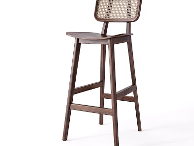 Dark Brown Wooden Bar Stool with Woven Backrest and Minimalist Design 3d model