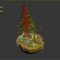 Cartoon Scene With Green Pine Tree Yellow Grass Stones Small Flowers And Floating Particles