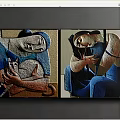 Two Panel Abstract Paintings With Textured Human Figures And Blue Tones