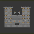Block Built Castle Model With Gray Walls Golden Decorations And Flaming Torches