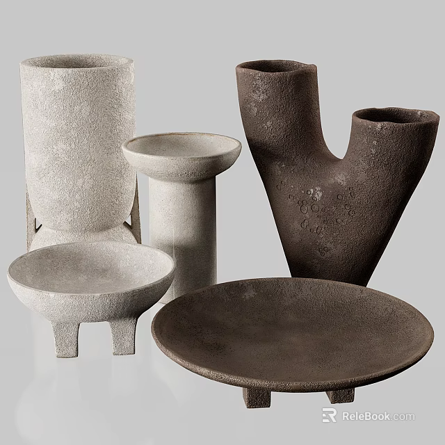 Artisanal Ceramic Vessels in Various Shapes with Textured Surfaces and Neutral Tones 3d model 