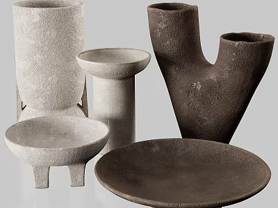Artisanal Ceramic Vessels in Various Shapes with Textured Surfaces and Neutral Tones 3d model