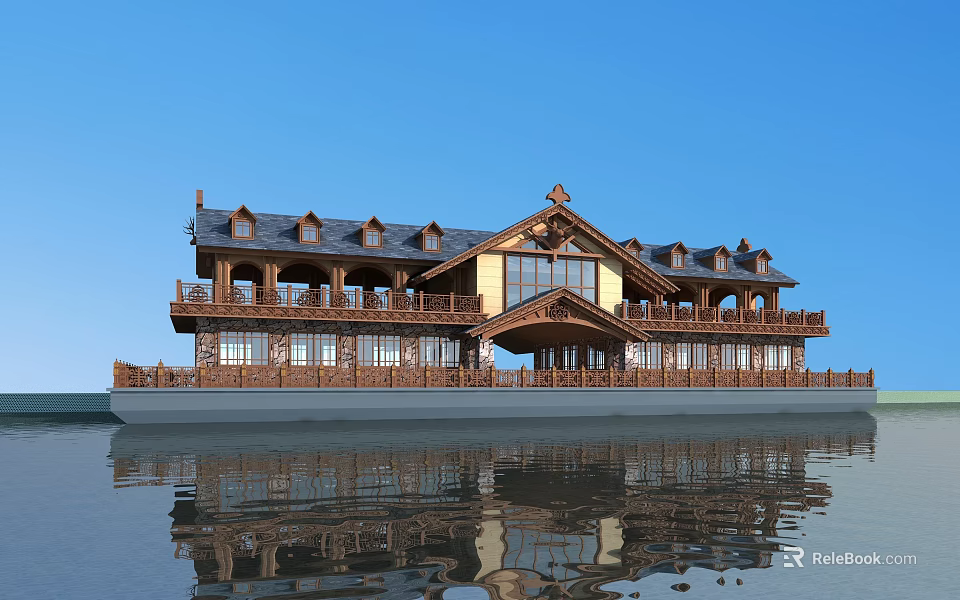 Traditional Wooden Floating Building With Balconies Decorative Roof And Blue Sky Reflection 3d model 