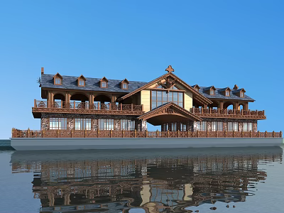 Traditional Wooden Floating Building With Balconies Decorative Roof And Blue Sky Reflection 3d model
